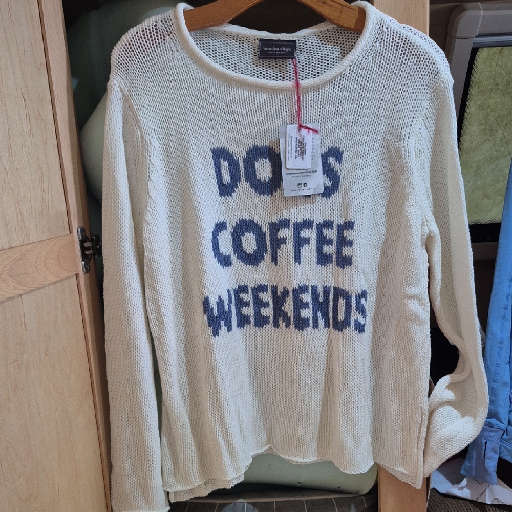 Wooden Ships Cream Sweater with Navy Text